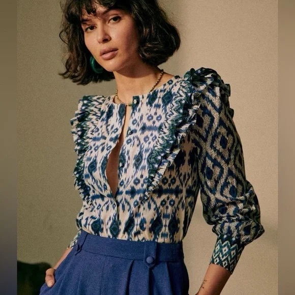 Sezane Tops - Sezane Boby blue ikat shirt cotton long sleeve